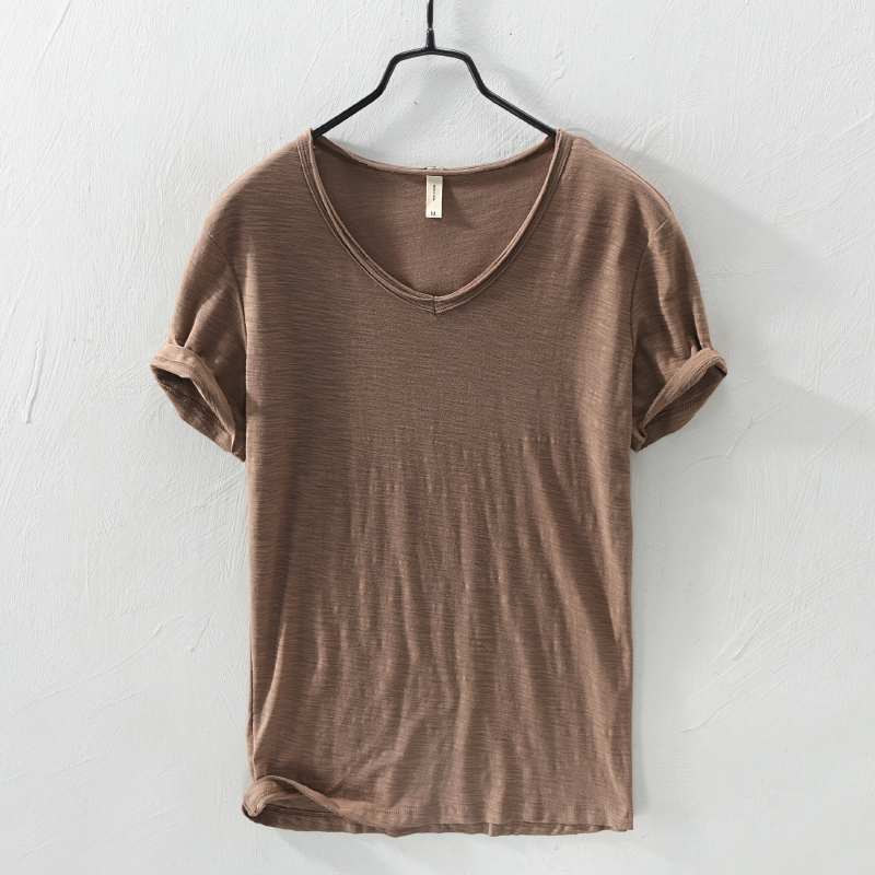 Summer Bamboo Cotton Base Shirt, Japanese Casual Short-Sleeve T-Shirt for Men, Simple Pure Cotton, Large Neckline, Soft and Thin T-Shirt