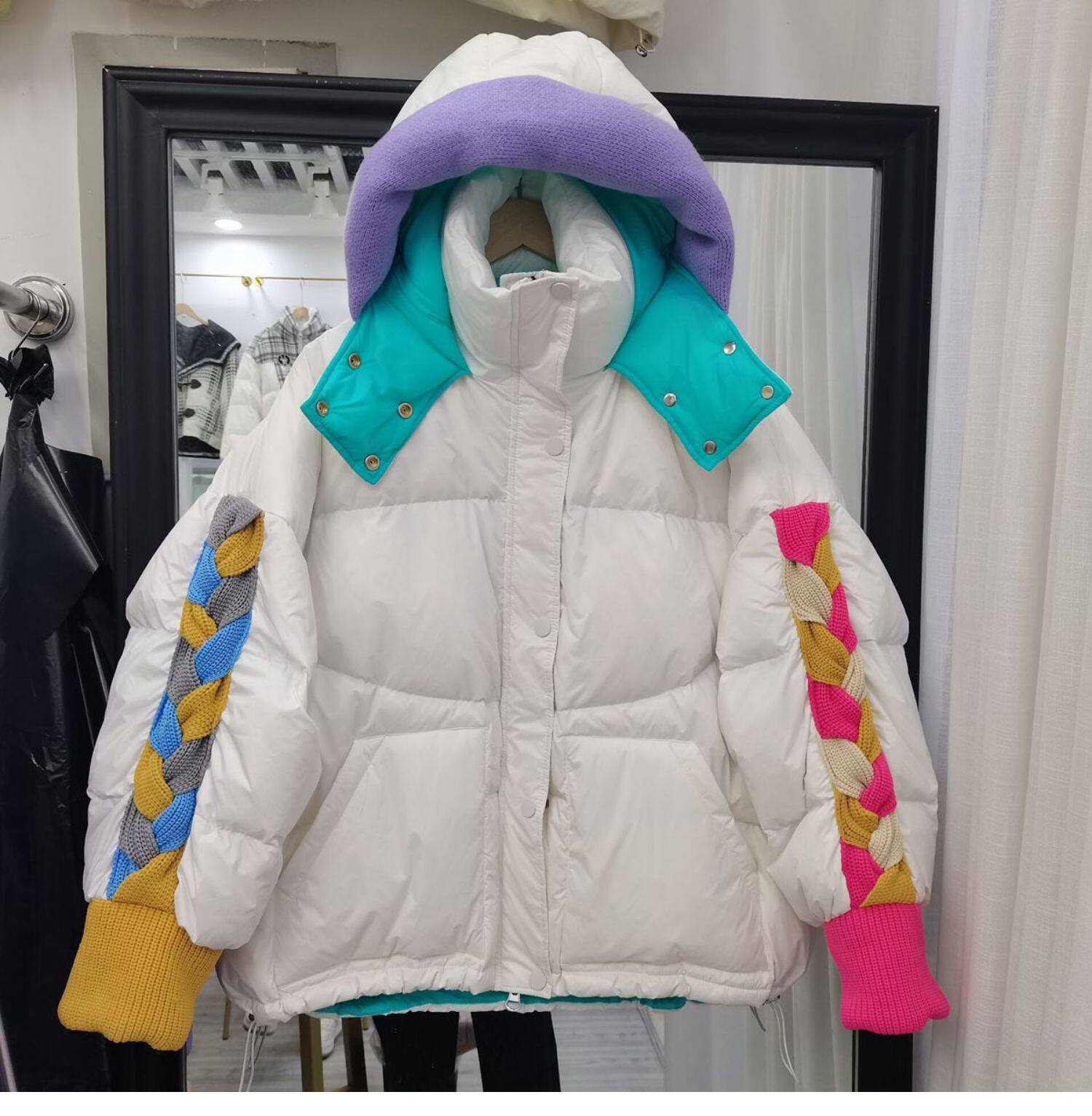 2022羽绒服女短款针织连帽拼接袖韩版糖果色反季清仓设计感外套潮详情2