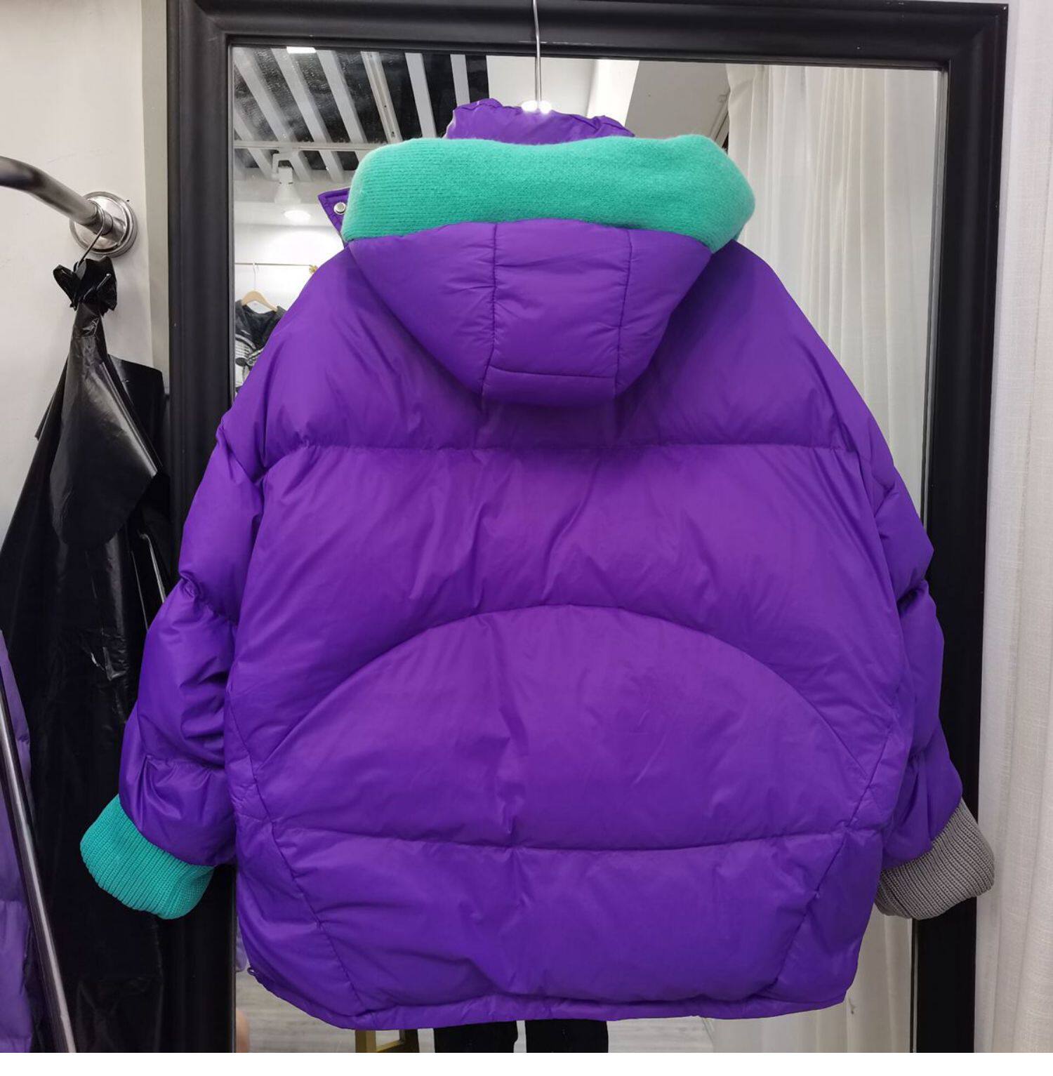 2022羽绒服女短款针织连帽拼接袖韩版糖果色反季清仓设计感外套潮详情7