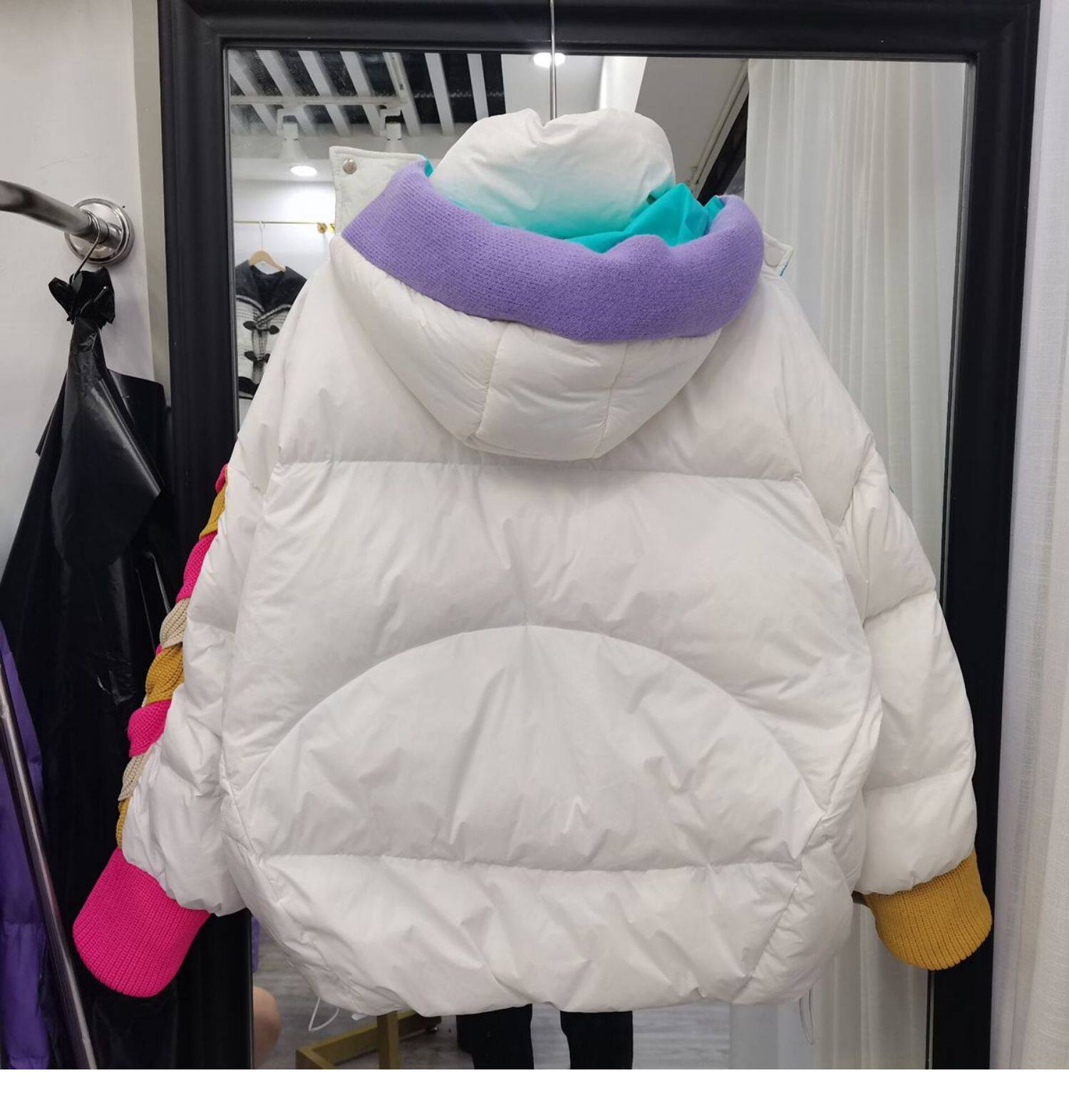 2022羽绒服女短款针织连帽拼接袖韩版糖果色反季清仓设计感外套潮详情3