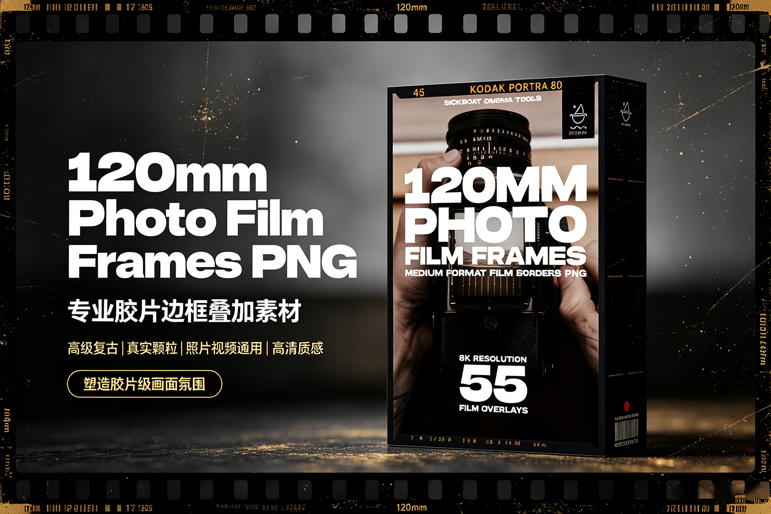 【PNG素材】55款8K分辨率经典120MM中画幅胶片边框照片视频叠加特效素材 Sickboat – 120mm Photo Film Frames PNG