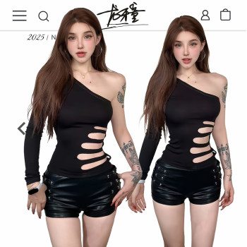 Longyatong recommends side waist hollow tee hot girl sexy ladies fashion black hollow slanted shoulder off-shoulder t-shirt
