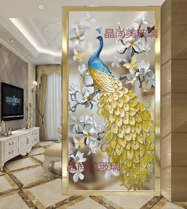 Modern art glass partition wall Small apartment living room screen frosted translucent carved double-sided craft entrance peacock