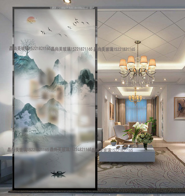 Art glass Modern simple light luxury style screen Powder room dry and wet area partition Broken shoe cabinet Entrance landscape painting
