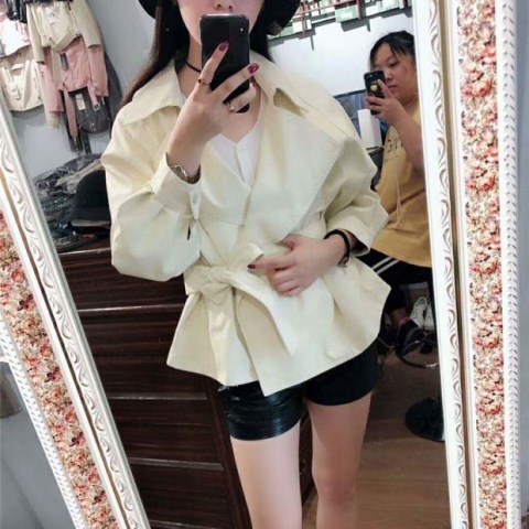Uta đen slim chic áo khoác ngắn mùa thu và mùa đông mới thắt lưng BF dài tay áo mỏng PU áo khoác da nữ blazer da