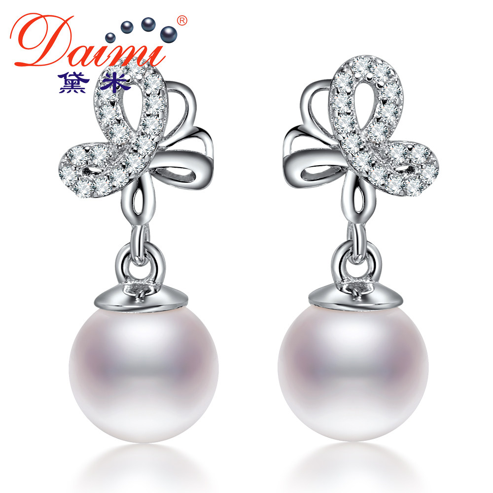 Demi Jewelry Shiling 7-8mm white round freshwater pearl earrings S925 silver butterfly long earrings stud earrings