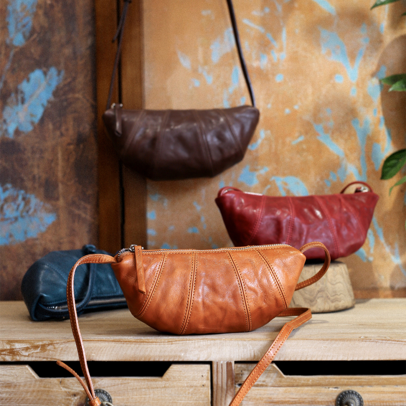 Ruqi Handmade Vegetable-Tanned Leather Small Croissant Bag Dumpling Bag Moon Bag Crossbody Bag Single Shoulder Women's Bag Small Bag