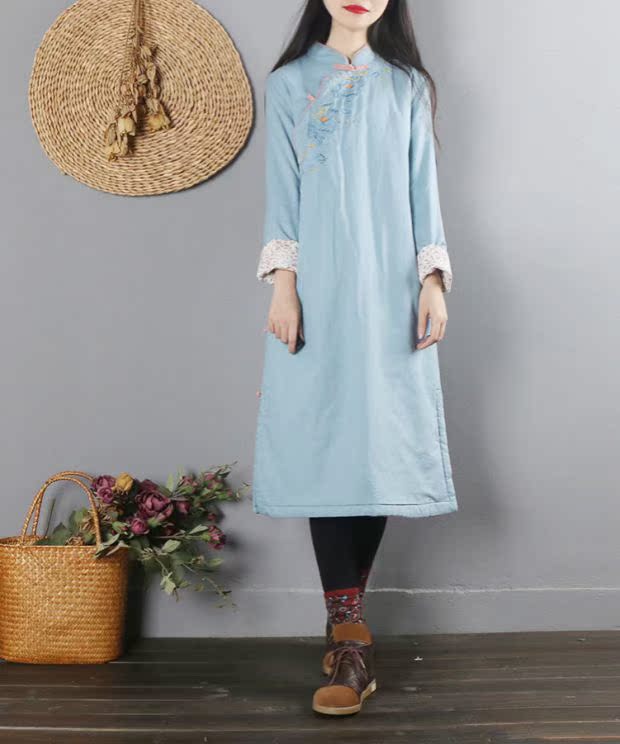 Trung Quốc phong cách retro văn chương sườn xám cotton và vải lanh cotton phụ nữ mùa đông dài phần trà quần áo cotton áo choàng bông áo choàng ao phao nữ