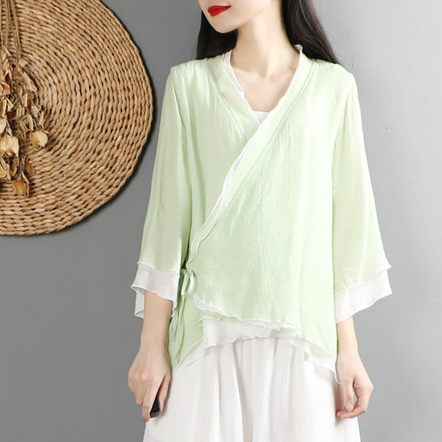 ແບບຈີນແບບ retro lace-up ຝ້າຍ Hanfu ແລະ linen cardigan ແມ່ຍິງ summer dress ວັນນະຄະດີຈີນແບບວັນນະຄະດີຊຸດຊາເຄື່ອງປັບອາກາດ, ເປືອກຫຸ້ມນອກປ້ອງກັນແສງແດດບາງ.