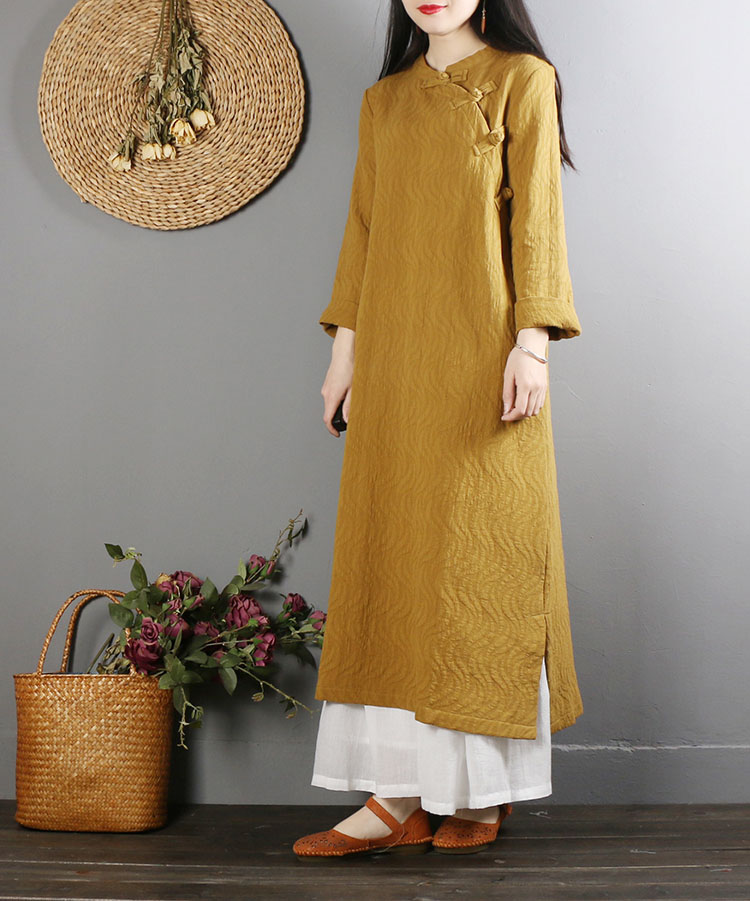Trung Quốc retro khóa cotton và vải lanh nữ dài tay lỏng lẻo Trung Quốc phong cách sườn xám váy dài Zen trà dịch vụ áo xuân mẫu váy dài