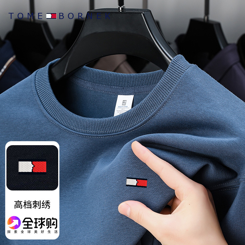 Tommy Hilfiger Spring and Autumn Men's Sweatshirt Loose Fit Authentic Embroidered Autumn Top Round Neck Pure Cotton Long-Sleeve T-Shirt