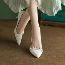 Italian Grounds~ womens pointed-toe high-heeled shoes stiletto shoes genuine leather niche temperament white shoes light luxury and versatile