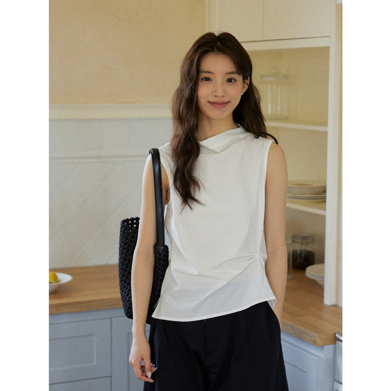 Mixabo Age-Reducing White Sleeveless Stand-Up Collar Shirt for Women, Summer Style, Asymmetrical Design, Elegant Top for Work Wear