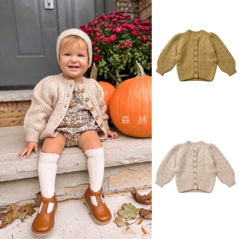 Swimming fish giant soft waxy Rylee baby girl knitted cardigan coat sweater puff sleeves hollow spring autumn winter ins