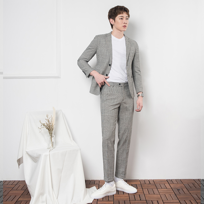 CSOCSO spring and autumn men's gray thousand bird plaid small suit suit trend casual Han Feng handsome slim suit