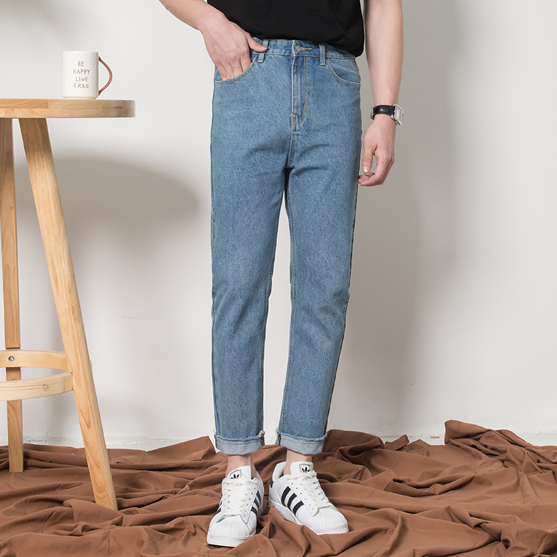 CSO2019 new casual trend light blue raw edge wash nine points curling edge ins super fire jeans men slim
