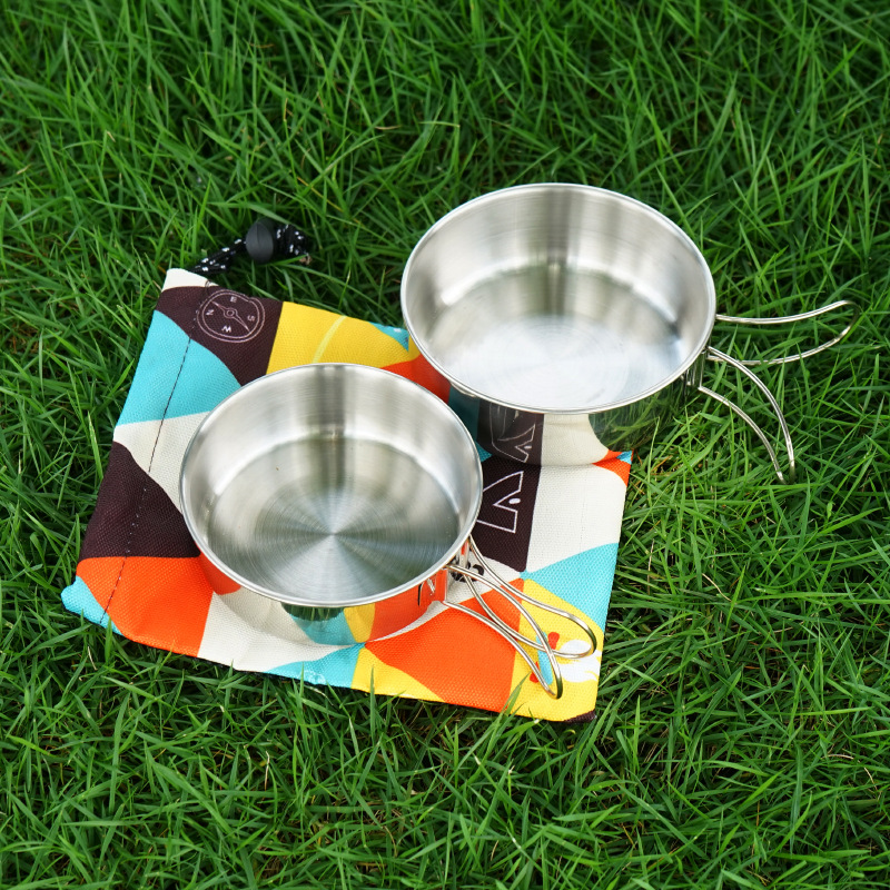 CLS Outdoor Picnic Stainless Steel Cover Bowl Mini-Folded Portable Bowl Mountaineering Scapegoat Camping Cutlery 2 pieces