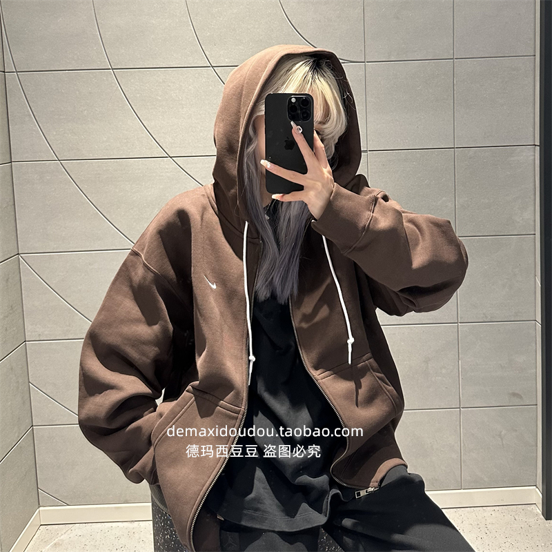 Authentic Nike Men's New Spring Sweatshirt, Loose Fit, Embroidered Logo, Knitted Fleece Hoodie Dr0404