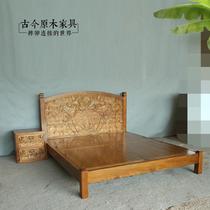 Southeast Asian style solid wood bed ancient and modern log furniture BD196 old elm Thai carved 1 8 m double bed