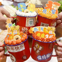 (Gift) enamel cup red cross year small tea cylinder cake cup old iron tea cylinder nostalgic big red color red