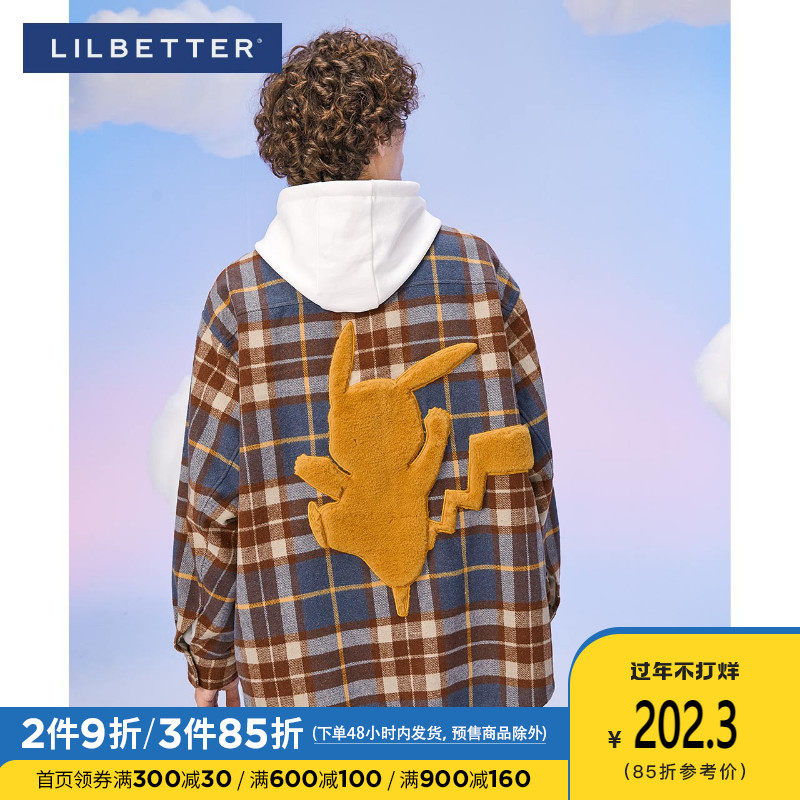 Lilbetter Pokémon joint shirt men's long sleeve Korean fashion retro check inch shirt Pikachu jacket