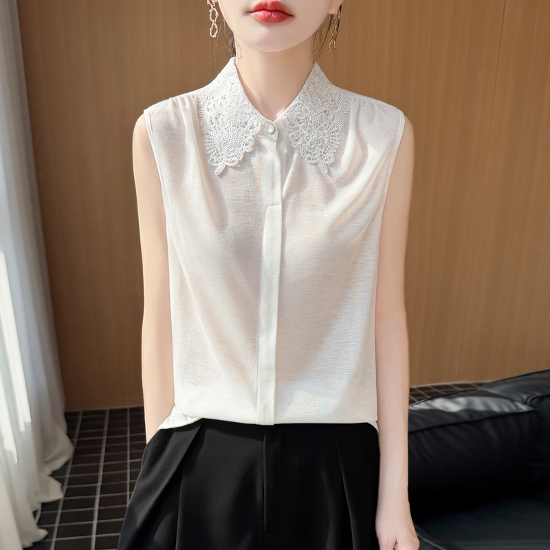 French Lace Trim Sleeveless Shirt for Women, White Knitted Vest, T-Shirt, Inner Layer for Suit, Base Layer Top