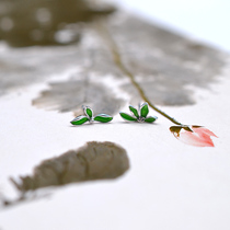 925 sterling silver Plain silver drop oil color asymmetrical green leaves Classical antique Chinese style silver ear stud earrings with gift box