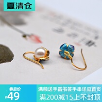 925 sterling silver gilt lotus leaves with pearl Cloisonne burning blue Classical antique Chinese style silver earrings earrings with box