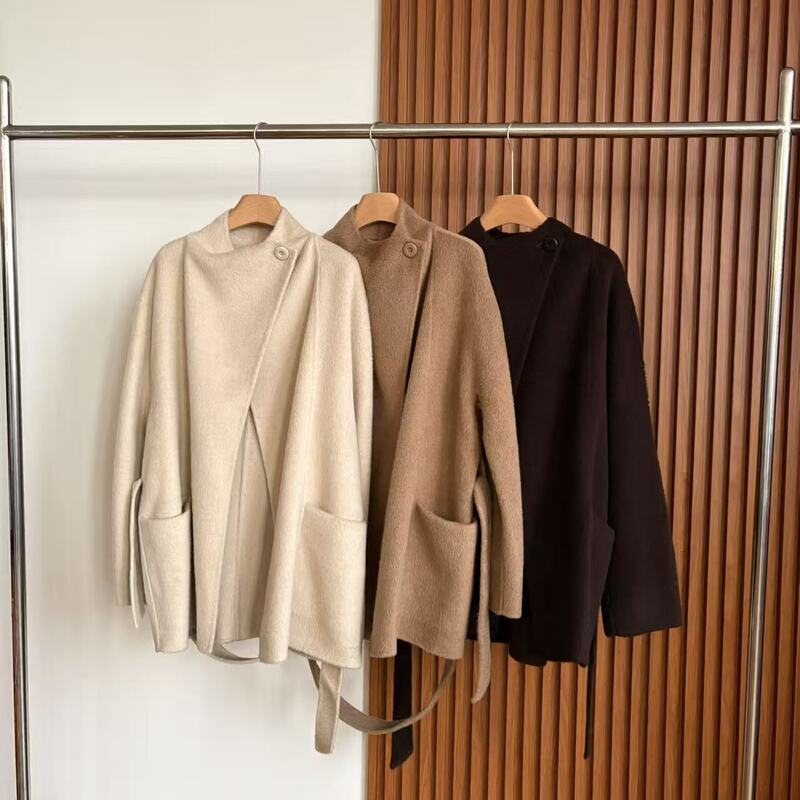 2026 Winter Korean Style Stand-Up Collar Mid-Length Double-Sided Camel Wool Coat, Fashionable and Casual