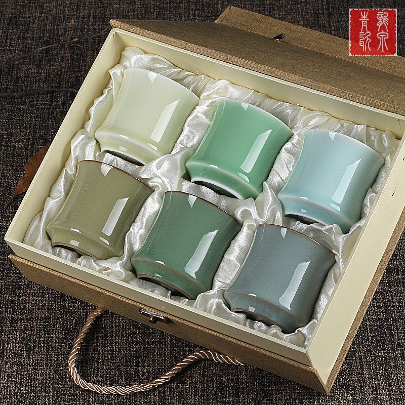 Longquan Celadon Ge Kiln Ice crack office six-color water cup Tea cup Tea cup set Gongfu tea ceramic cup