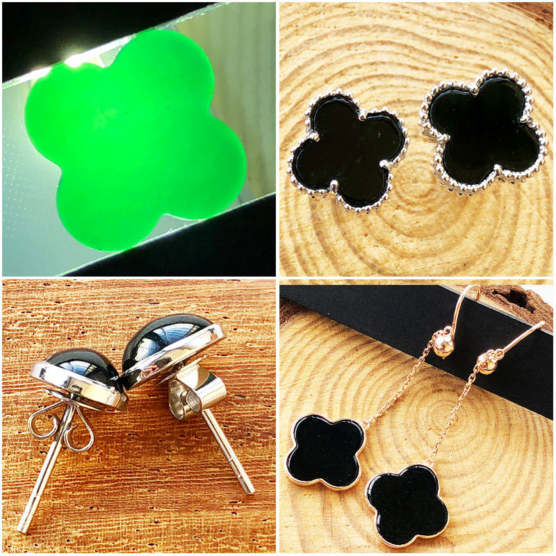 Ink Cuette Four Leaves Grass Ear Nail Emerald Ear Needle Female Four Leaves Grass Withdrawal Face Nude Stone Pendant Ice Glutinous Seed Necklace Inlaid 18K Gold