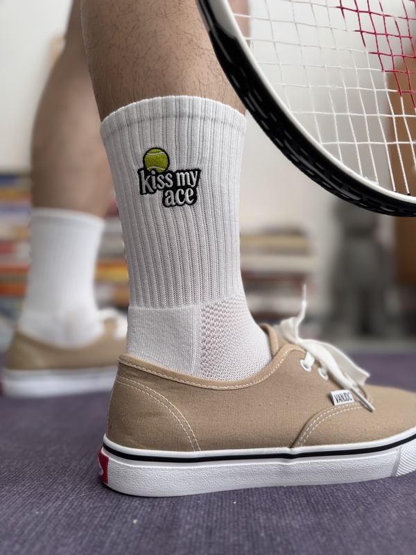 Kiss My Ace Tennis-Themed Sports Socks, Unisex, Towel Bottom, White Long Socks
