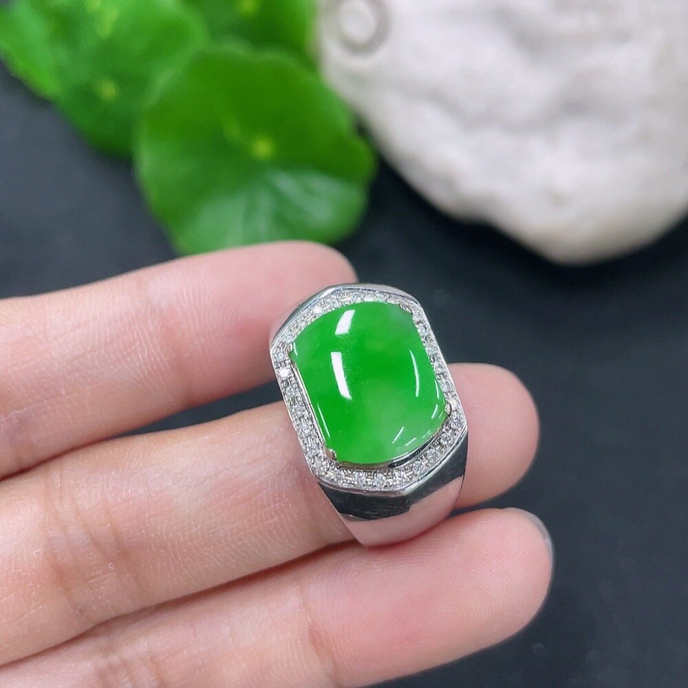 Jade natural A goods 18K gold inlaid sun green ring men's ring ring 19.5MM7.22g