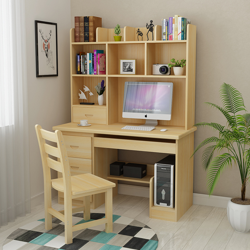 Desk and Bookshelf Combination for Home Use, Pine Wood with Integrated Bookcase, Student Desktop, Simple Writing Desk, Solid Wood Computer Desk