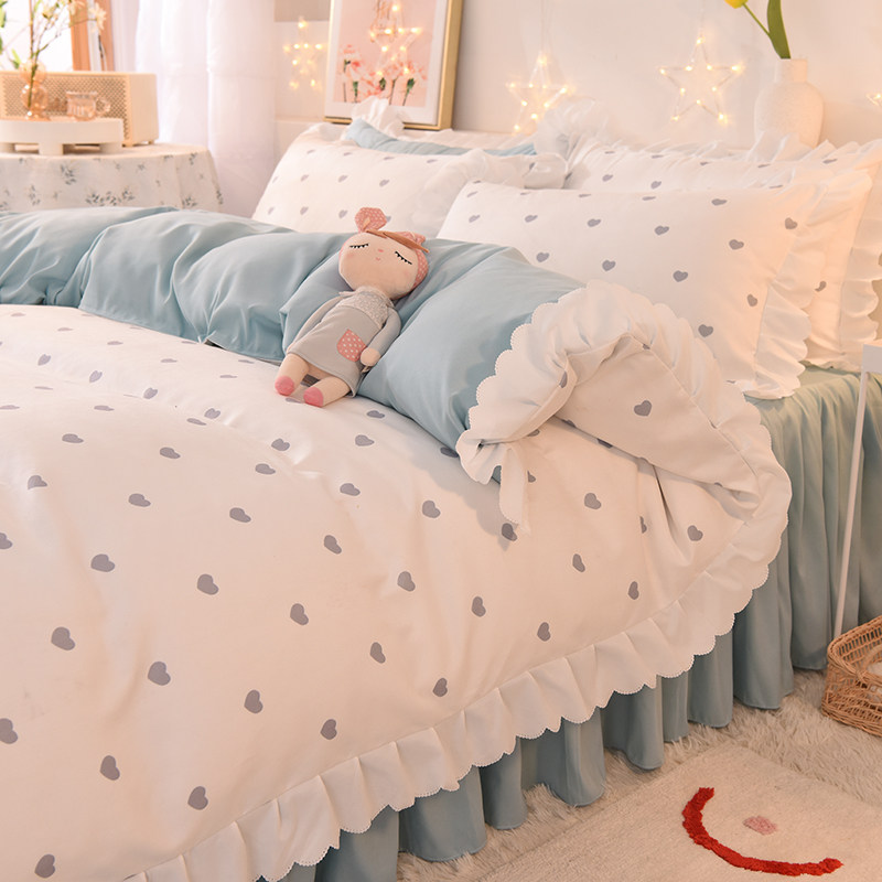 Minima small frescoed bed Skirt Four Pieces All Cotton Pure Cotton Quilt Cover Bed Cover Girl Hearts Bed Hood Male main wind lace quilt cover