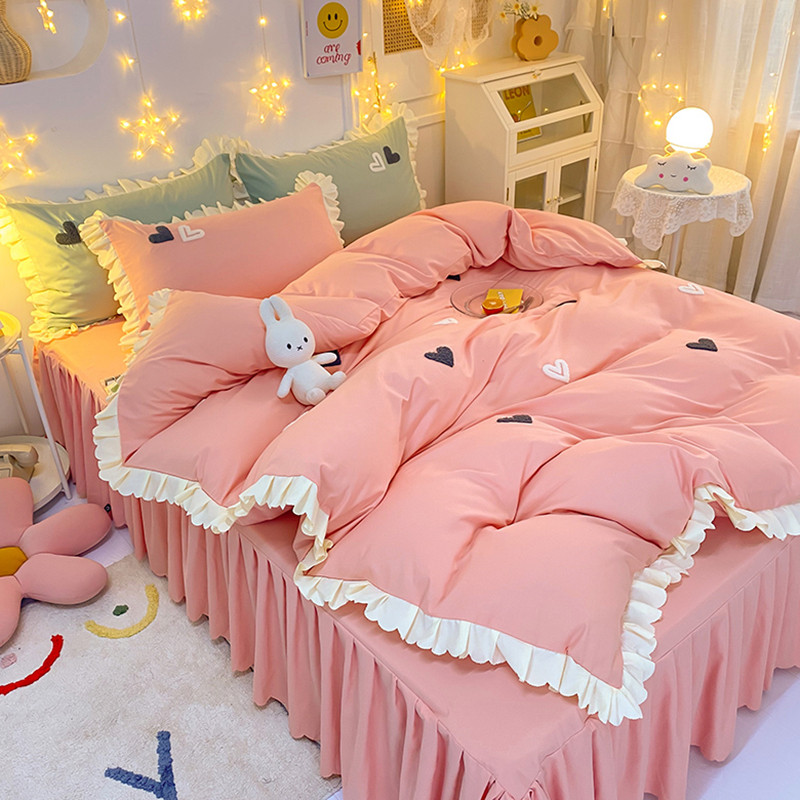 Han Style Bed Dress with four sets of all-cotton quilts Girl Hearts Princess Wind Bed Sheets Pure Cotton Beds Bedding Pink Summer