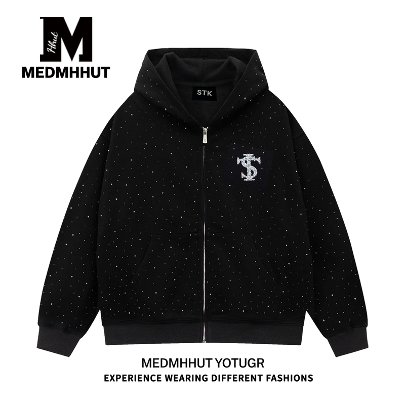 【All Three Tags Intact】Medmhhut Collaboration with Stk Star-Patterned Hooded Zip-Up Sweatshirt with Rhinestones