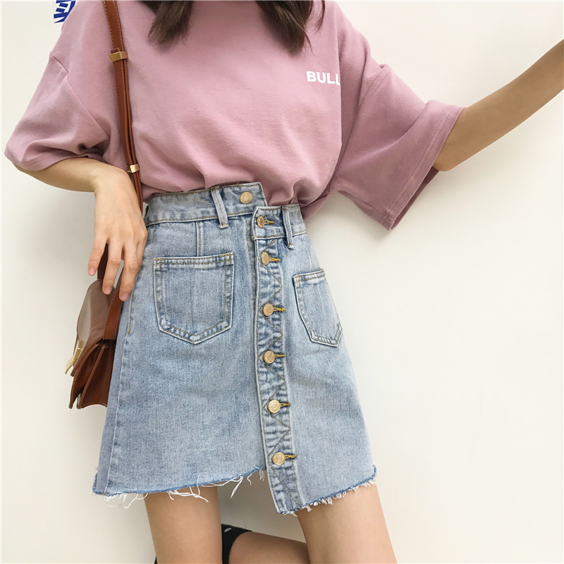 VK旗艦店 韓系水洗單排扣腰部錯位牛仔半身裙單品短裙