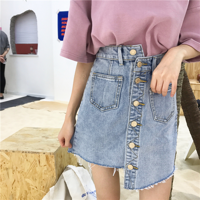 VK旗艦店 韓系水洗單排扣腰部錯位牛仔半身裙單品短裙