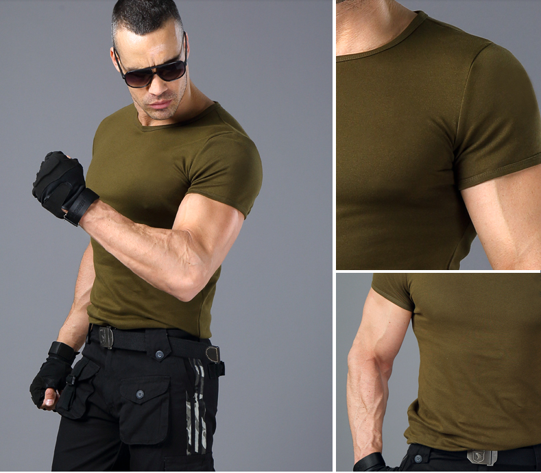 Fitness T-shirt men's summer casual cotton crew neck special forces training tight stretch short sleeve sports tough guy T-shirt