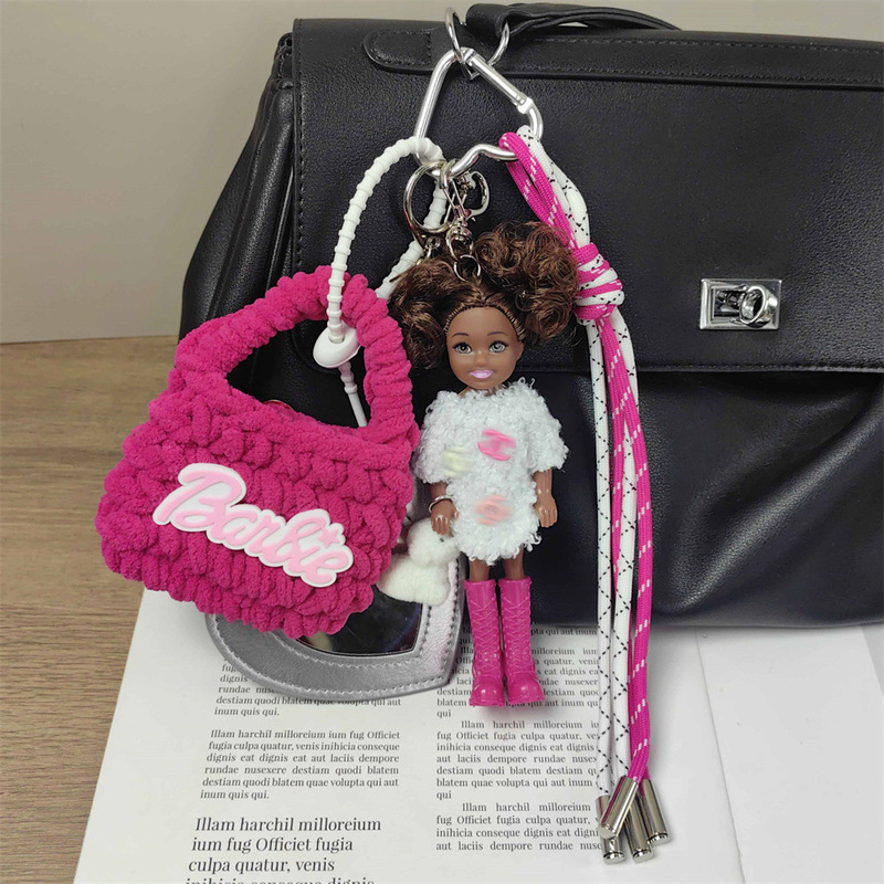 Cute Barbie Pink Earphone Case, Black Leather Doll Pendant, Heart-Shaped Mirror Keychain, Girl's Bag Accessory