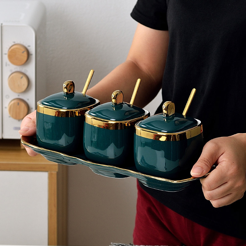 Nordic emeralds ceramic clamshell seasoning box set seasoning jar salt sugar jar three-piece set with lid household kitchen