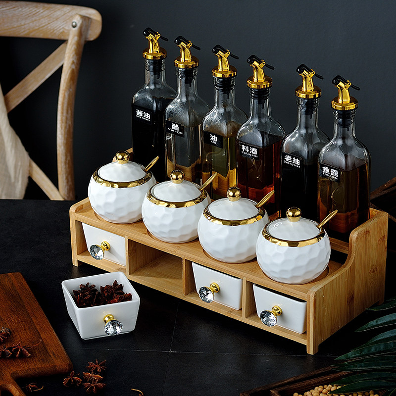 Light Extravagant Kitchen Nordic Ceramic Seasoned Case Suit Double Flavor Jar Sublet Salt MSG stock Seasoning Bottle Group