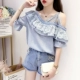 Áo sơ mi voan của phụ nữ mùa hè 2021 mới đính cườm cổ áo xéo cổ áo khâu ren quây sexy áo phông voan trên - Áo sơ mi chiffon ren
