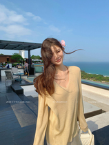 CloudSweet white cloud sweet tenet linen knit long sleeve sunscreen shirt female summer thin loose v collar blouse