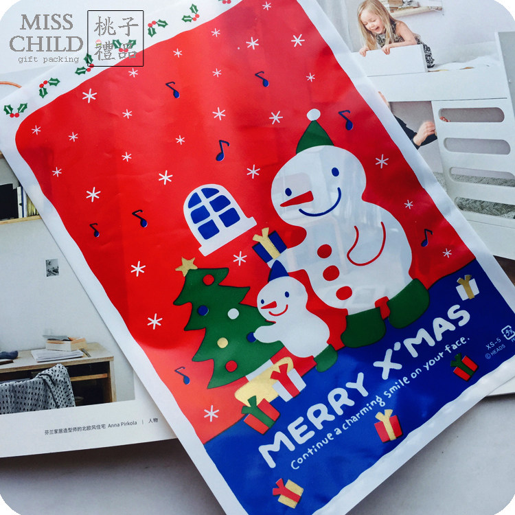100 Japanese Christmas bags Cute Christmas Snowman gift packaging Plastic bags flat mouth gift candy bags