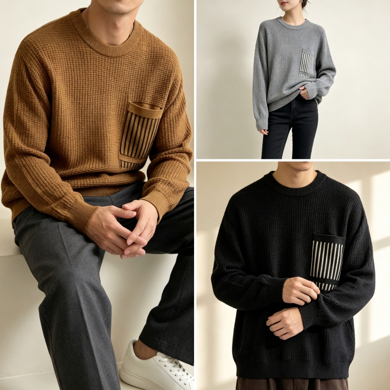 Waffle Knit Sweater with Pockets, Unisex Couple Style, Crew Neck Pullover, Boxy Trendy Men's Style, Cool and Stylish, Fall 2026 Waffle Knit Sweater with Pockets, Unisex Couple Style, Crew Neck Pullover, Boxy Trendy Men's Style, Cool and Stylish, Fall 2026