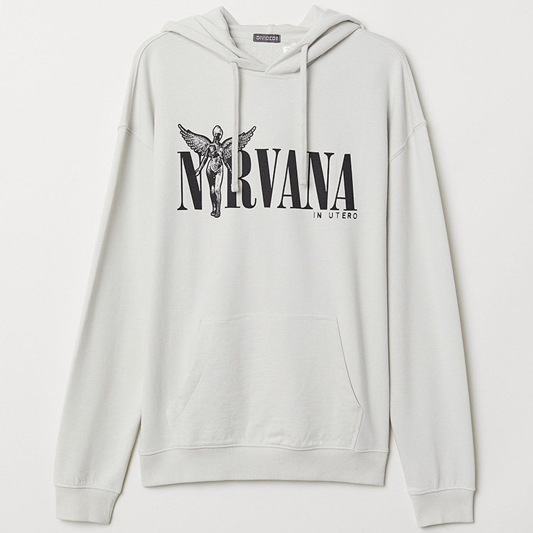 товар из китая h&m 秋季 hm nirvana 涅槃乐队 黑色/米色 印花连帽卫衣