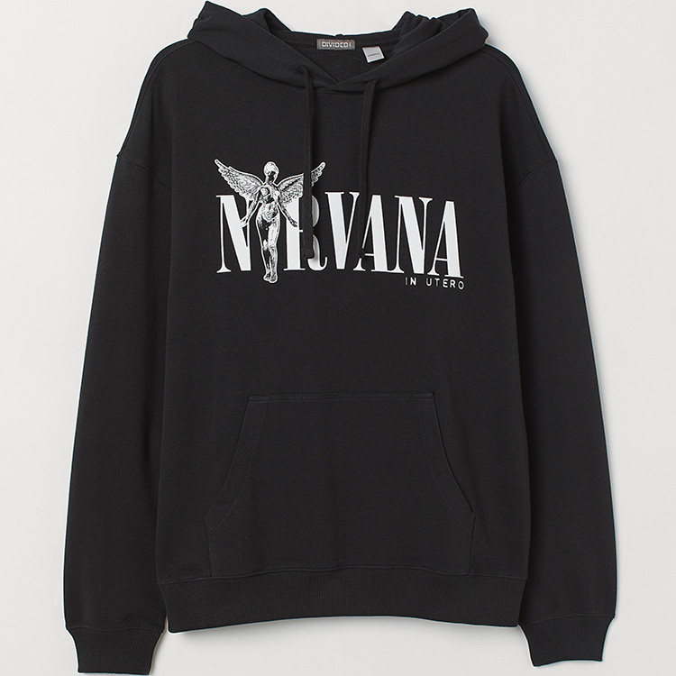 товар из китая h&m 秋季 hm nirvana 涅槃乐队 黑色/米色 印花连帽卫衣