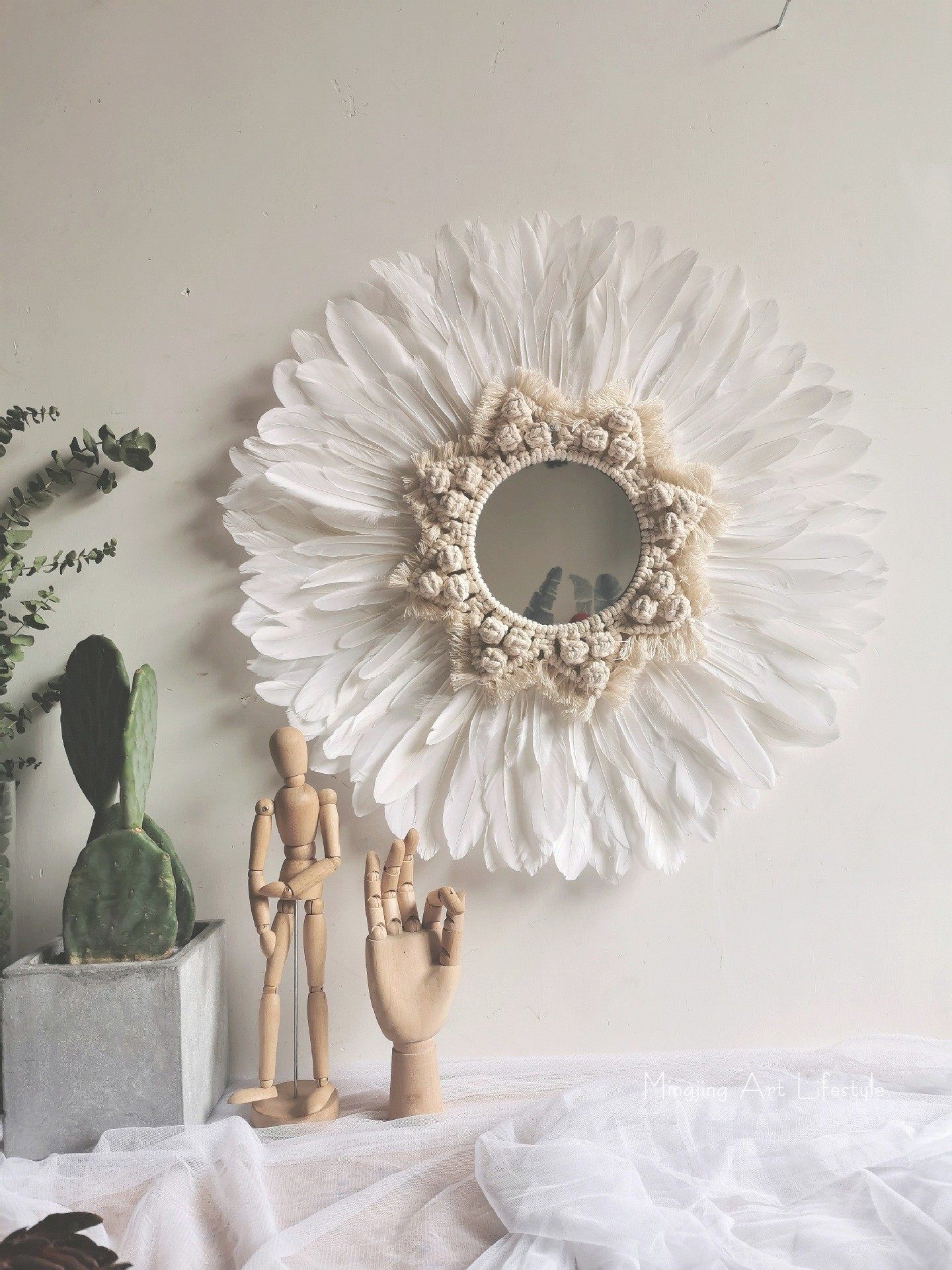 Net Red Light Extravagant Feather Decoration Mirror Wall Decoration Folk Home Bedroom Background Wall Decoration Hanging pendant wall decoration-Taobao